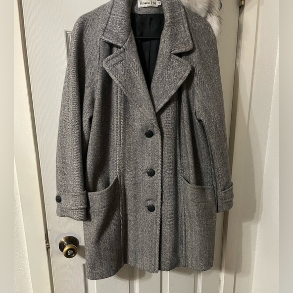 Vintage Wool Trench Overcoat Mid length Herringbone - Picture 1 of 9